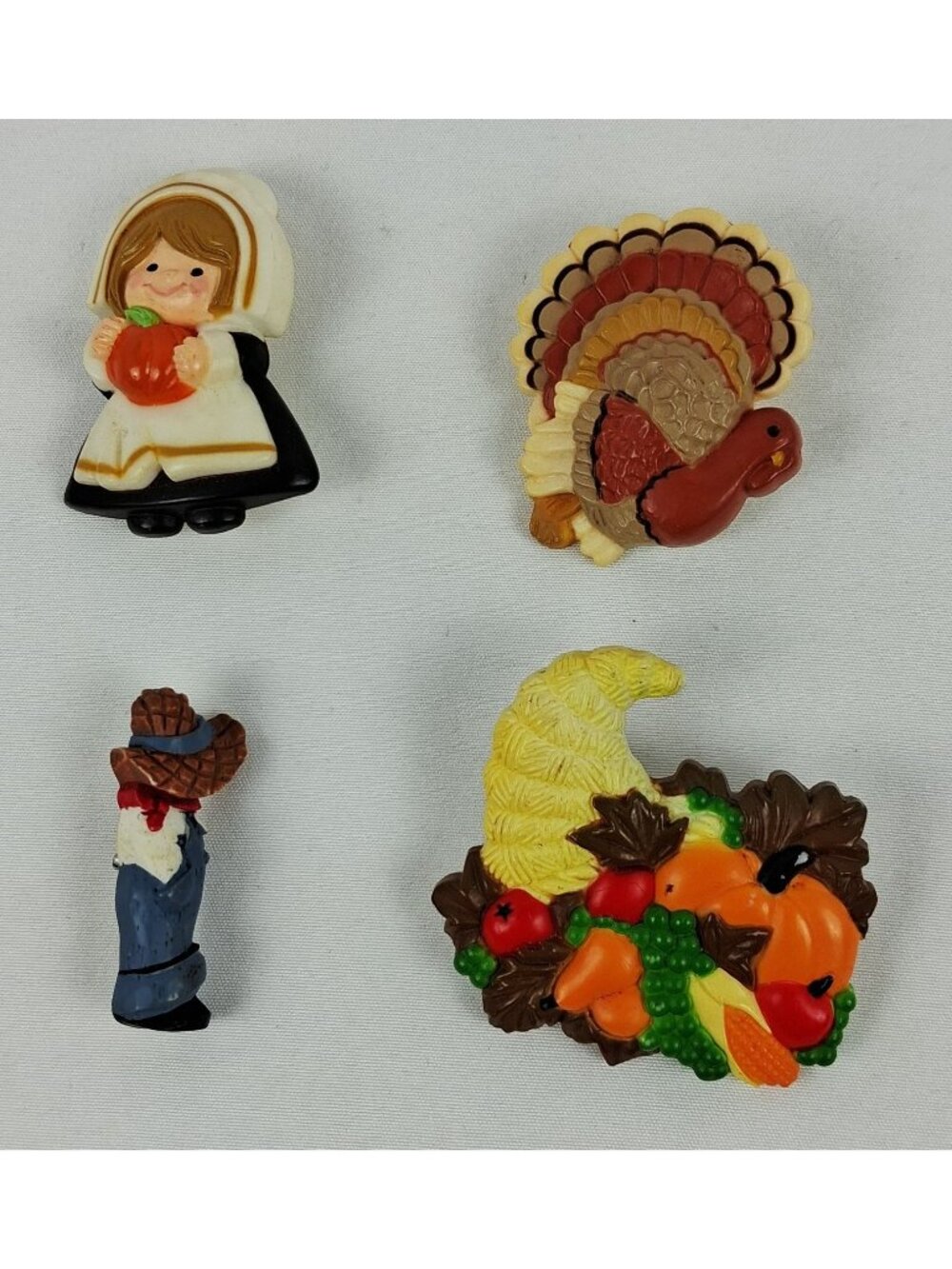 VTG Hallmark Fall Thanksgiving-Harvest Brooch Lot- Pilgrim girl, Turkey, Cornuco